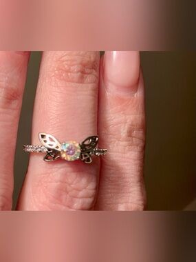 Silver Aurora Borealis Butterfly Ring SZ 5